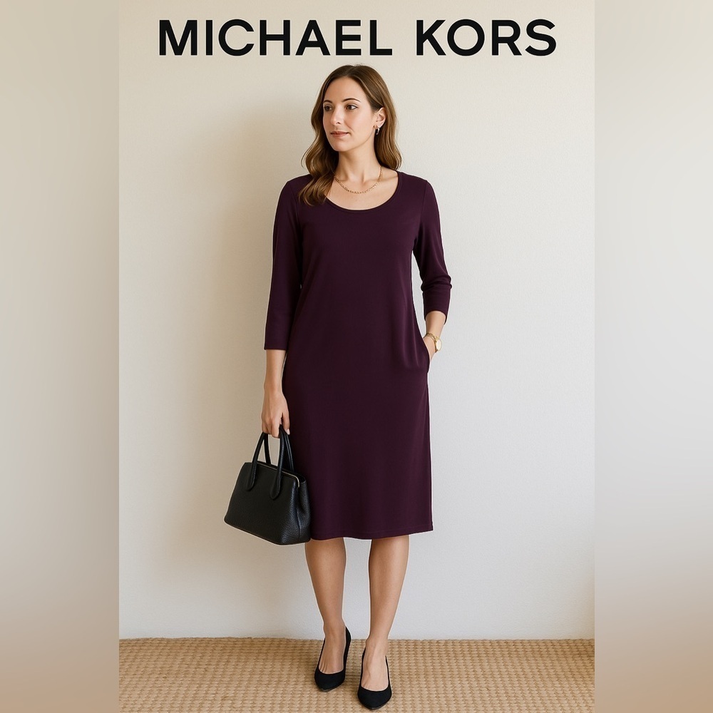 Michael Kors Purple Midi Dress XS 3/4 Sleeve Shift Sheath Classic Modest Goth